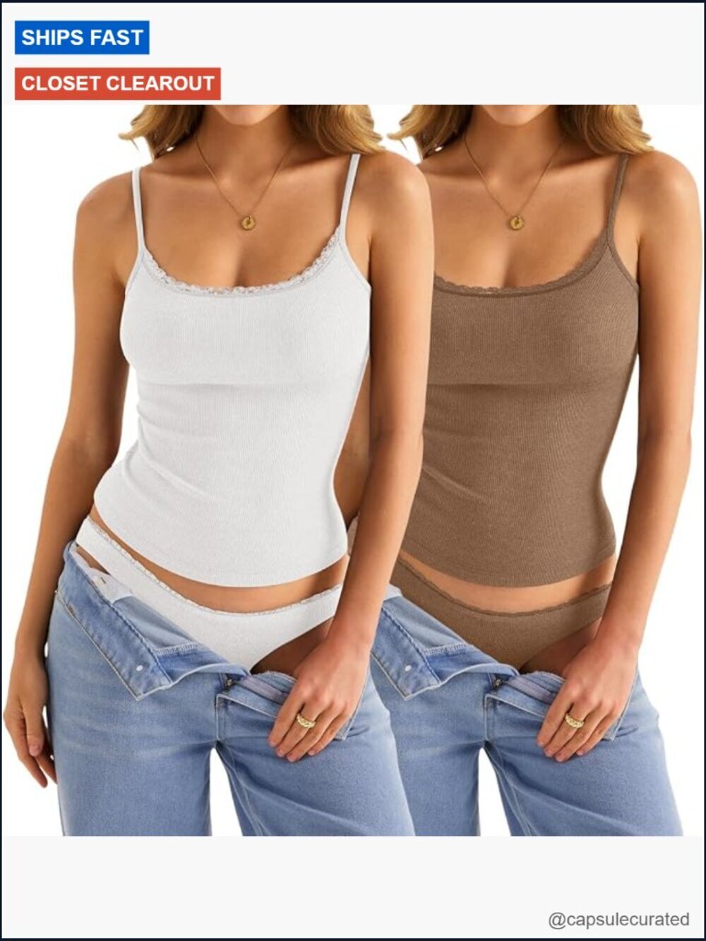 2 Pack Lace Trim Ribbed Tank Top Adjustable Spaghetti Straps Square Neck